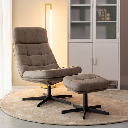 LABEL51 - Draaifauteuil Alvar + Hocker 53x57x83 cm - Taupe Micro Suede | Zwart Metaal