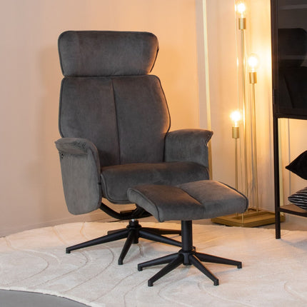 LABEL51 - Relaxfauteuil Verdal + Hocker 77x79x109 cm - Antraciet Cosmo | Zwart Metaal