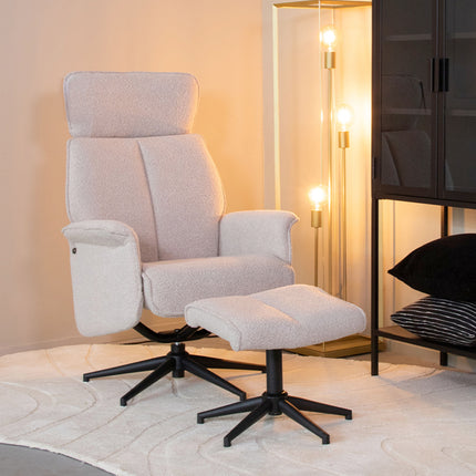 LABEL51 - Relaxfauteuil Verdal + Hocker 77x79x109 cm - Naturel Boucle | Zwart Metaal