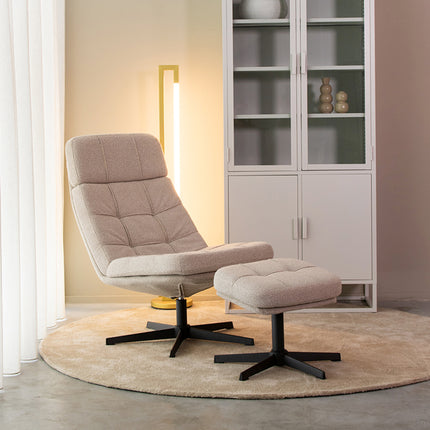 LABEL51 - Draaifauteuil Alvar + Hocker 53x57x83 cm - Naturel Boucle | Zwart Metaal