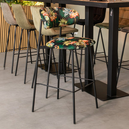 LABEL51 - Barkruk Ferry 46x52x107 cm - Printed Flamingo Fluweel | Zwart Metaal