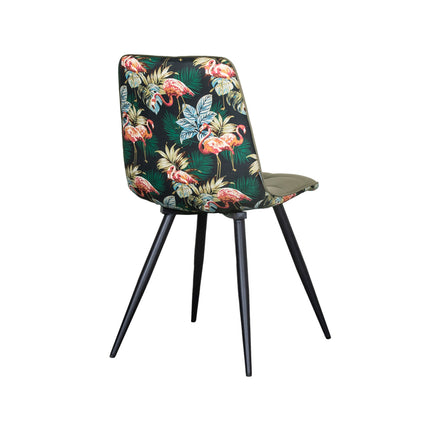 LABEL51 - Eetkamerstoel Bistro 46x59x86 cm - Hunter Fluweel | Printed Flamingo | Zwart Metaal