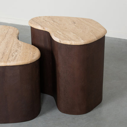 LABEL51 - Bijzettafel Davi 40x30x45 cm - Travertin | Espresso Mangohout