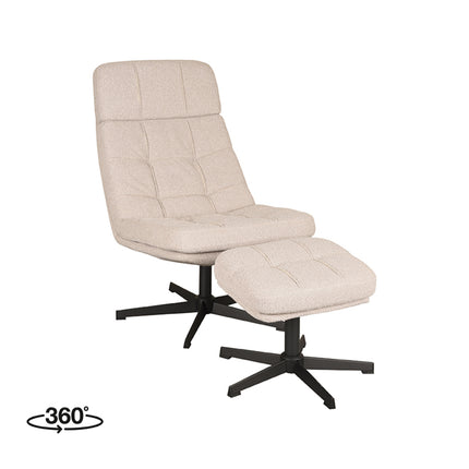 LABEL51 - Draaifauteuil Alvar + Hocker 53x57x83 cm - Naturel Boucle | Zwart Metaal