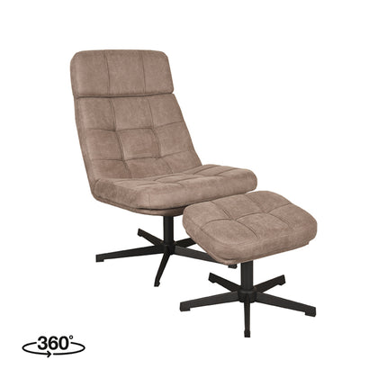 LABEL51 - Draaifauteuil Alvar + Hocker 53x57x83 cm - Taupe Micro Suede | Zwart Metaal